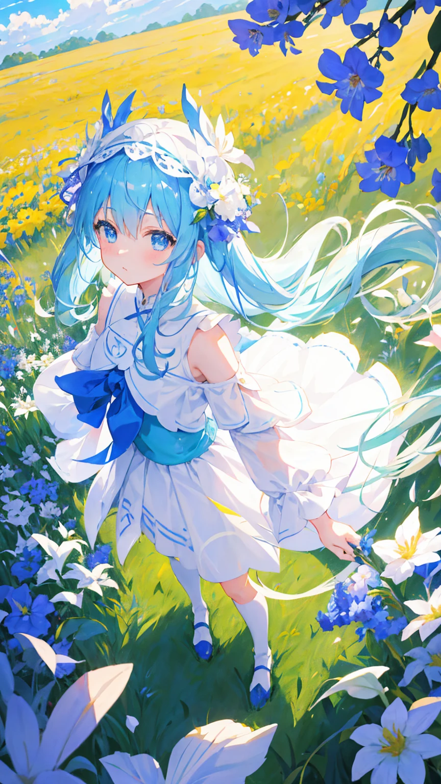 Anime Girl,light blue hair,blue eyes,White裙子,White,Flower headdress,Standing in the flower field,Popular topics on artstation pixiv, Digital Art on Pixiv, anime art wallpaper 8 k, Anime Art Wallpaper 4k, Anime Art Wallpaper 4K, Top rated on Pixiv, Beautiful anime artwork, Pixiv competition winner,(Multi-angle)