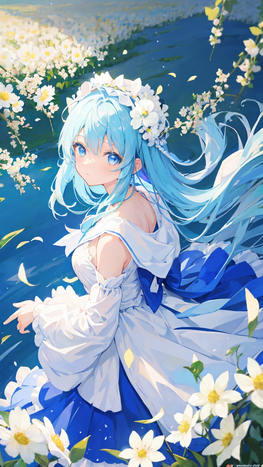 Anime Girl,light blue hair,blue eyes,White裙子,White,Flower headdress,Standing in the flower field,Popular topics on artstation pixiv, Digital Art on Pixiv, anime art wallpaper 8 k, Anime Art Wallpaper 4k, Anime Art Wallpaper 4K, Top rated on Pixiv, Beautiful anime artwork, Pixiv competition winner,(Multi-angle)
