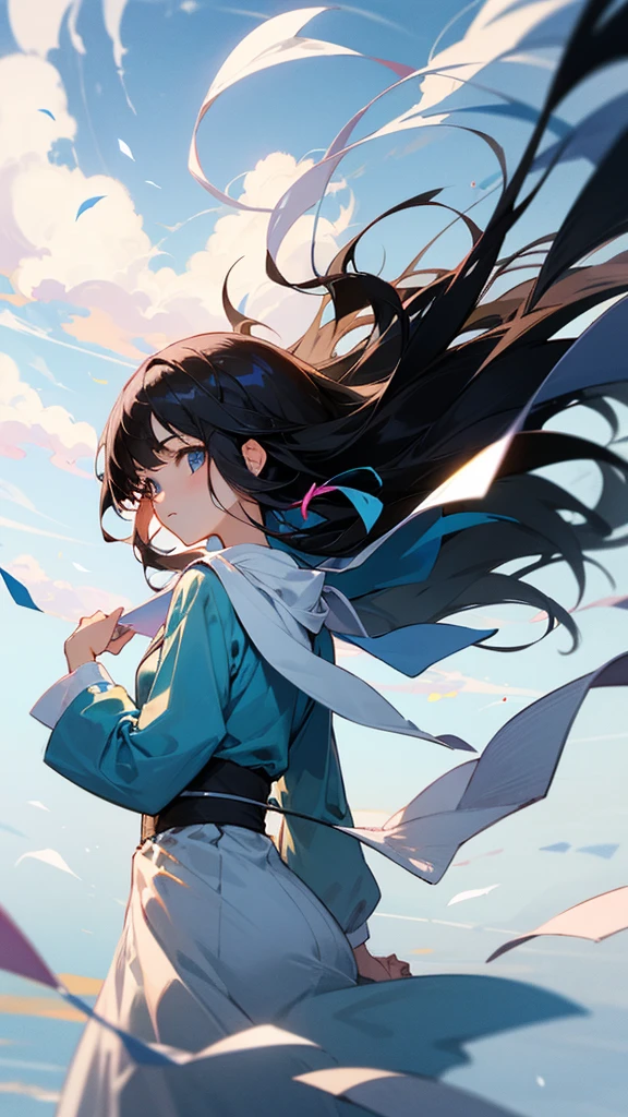 My hair swayed in the wind、A girl with black hair、Facing forward,Looking at me,Shining,空から落ちる