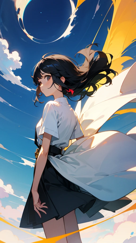 My hair swayed in the wind、A girl with black hair、Facing forward,Looking at me,Shining,空から落ちる