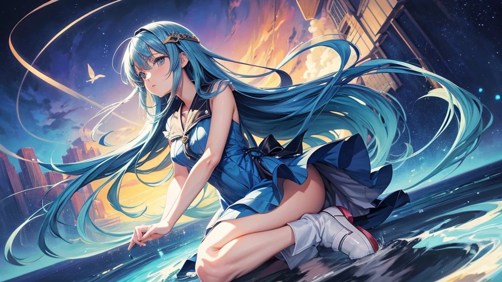 anime girl with long hair and a blue dress , anime moe artstyle, painted in anime painter studio, high quality anime artstyle, flat anime style shading, anime artstyle, smooth anime cg art, clean detailed anime art, detailed digital anime art, made with anime painter studio, kantai collection style, digital anime illustration, anime art style, kawacy