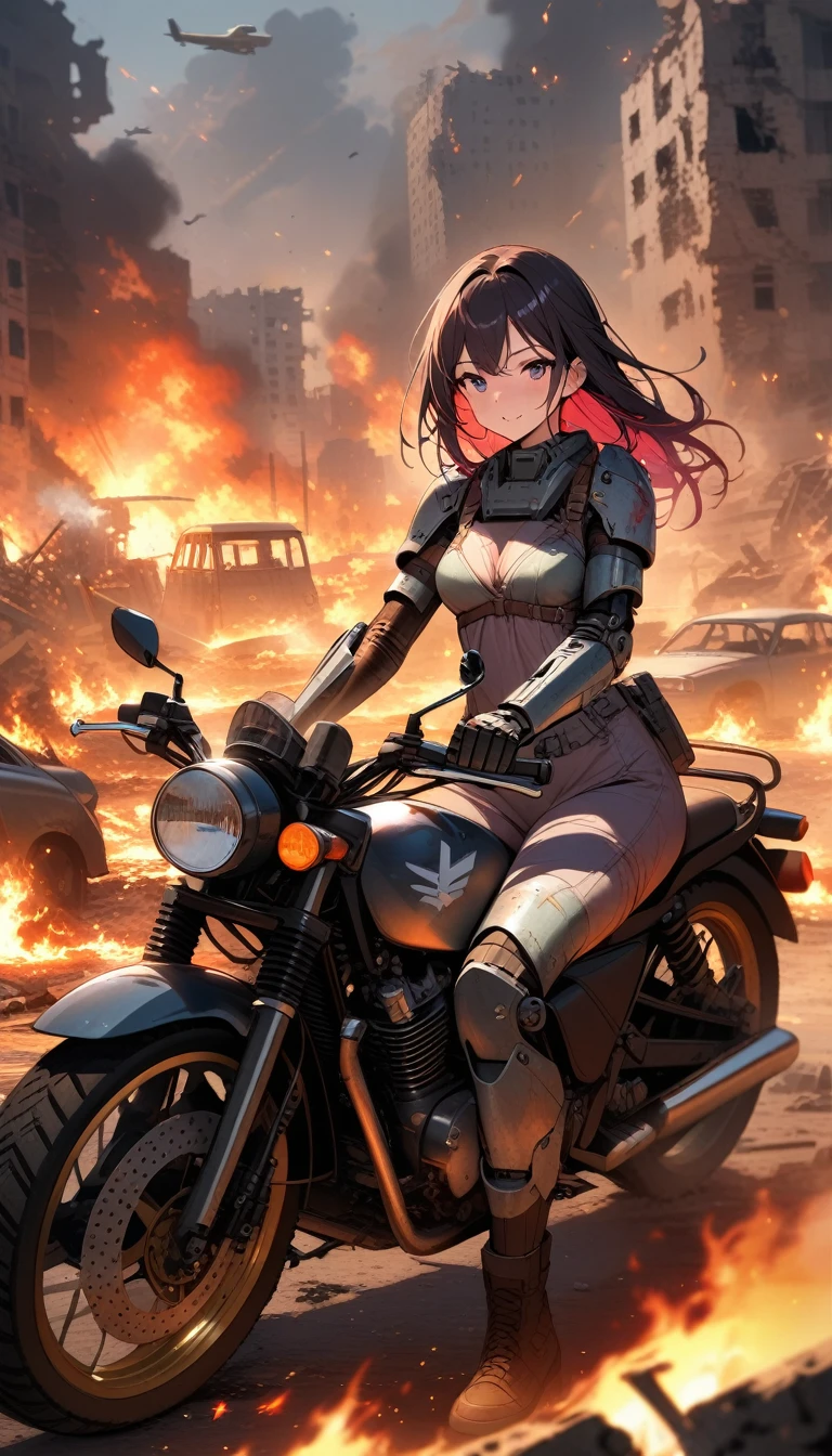 ((best quality)) , ((masterpiece)) , (detailed),Color splash, (((1girl))) , wearing Shabby Chic Wrap dress, has metallic plating, Colored hair, Fossil fuel power station in background,hair fluttering in the wind,((mechanical arm armor)),((mechanical body armor)),riding motor, bodysuit,((ruins of city in war, fire, burning cars, burning buildings)),air force fleet in the sky