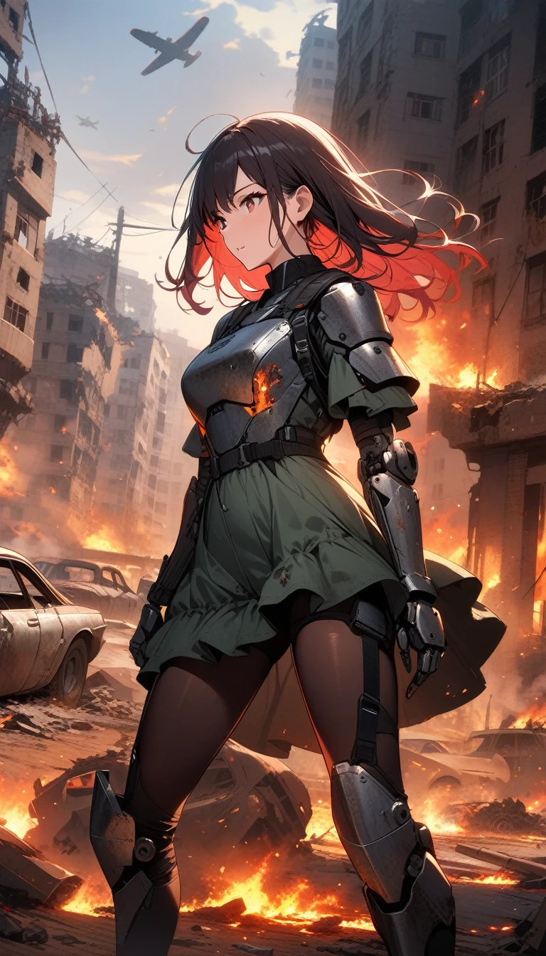((best quality)) , ((masterpiece)) , (detailed),Color splash, (((1girl))) , wearing Shabby Chic Wrap dress, has metallic plating, Colored hair, Fossil fuel power station in background,hair fluttering in the wind,((mechanical arm armor)),((mechanical body armor)),riding motor, bodysuit,((ruins of city in war, fire, burning cars, burning buildings)),air force fleet in the sky
