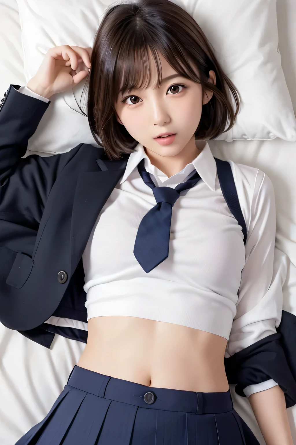 (Cute Japanese Girls), Sexy 18 year old girl, (The cutest faces), Thin chest, Thin thighs, short hair, On the bed, (((school uniform))), ((model like sexy pose)), (expression in orgasm), ((lying on)), 