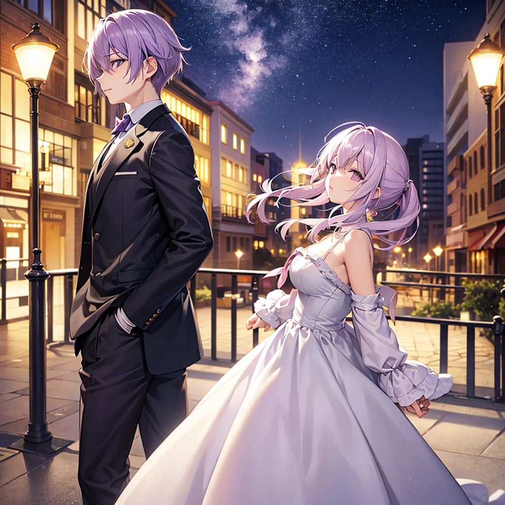 Light purple hair、Yellow Eyeedium Hair、Beautiful、One Girl、Only one girl、Night、Wearing a suit、Are standing、profile、Looking into the distance、Just One、at the park