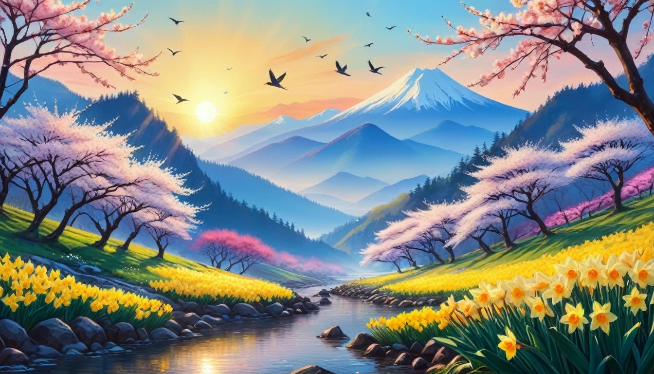 Deep forest, distant mountains, flying birds. Two-dimensional style, vibrant and dynamic, Cherry blossoms cover the mountainside, sunrise can be seen in the distance, The creek meanders, There are several daffodils on the shore, sunrise