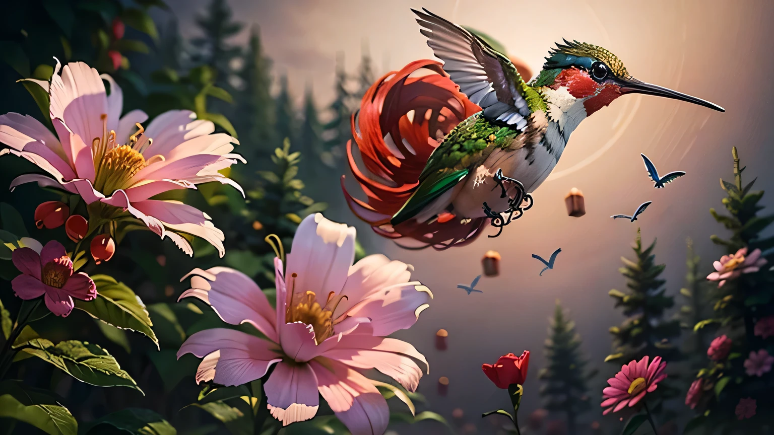 hummingbird flying around a japanese flower "higanbana", in the background there is a dark and sinister forest, and a red moon illuminating the scene, photorealistic style, high definition, 8k