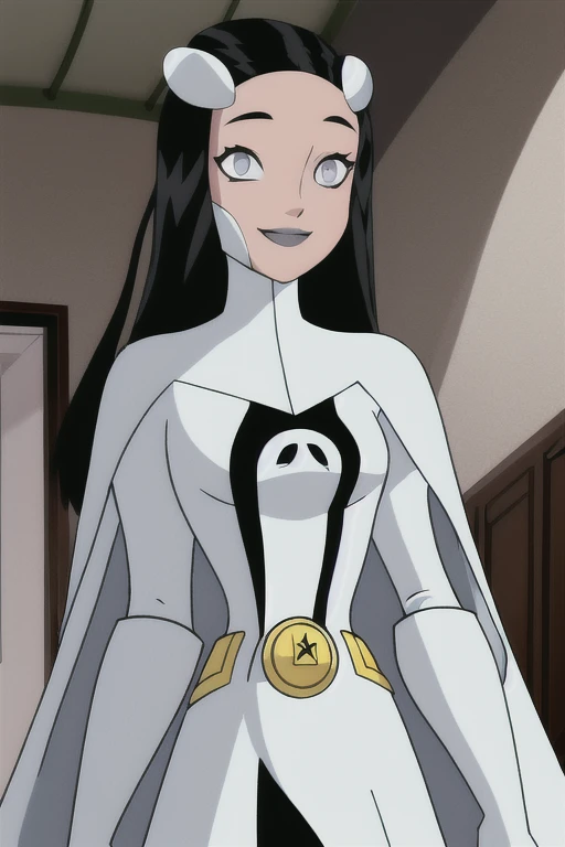 Phantom girl, Tinya Wazzo, solo, girl1, long black hair, bodysuit. grey eyes, smile, grey lips, belt, white cape, white gloves, best quality, masterpiece, cowboy shot, sitting on the room, bedroom