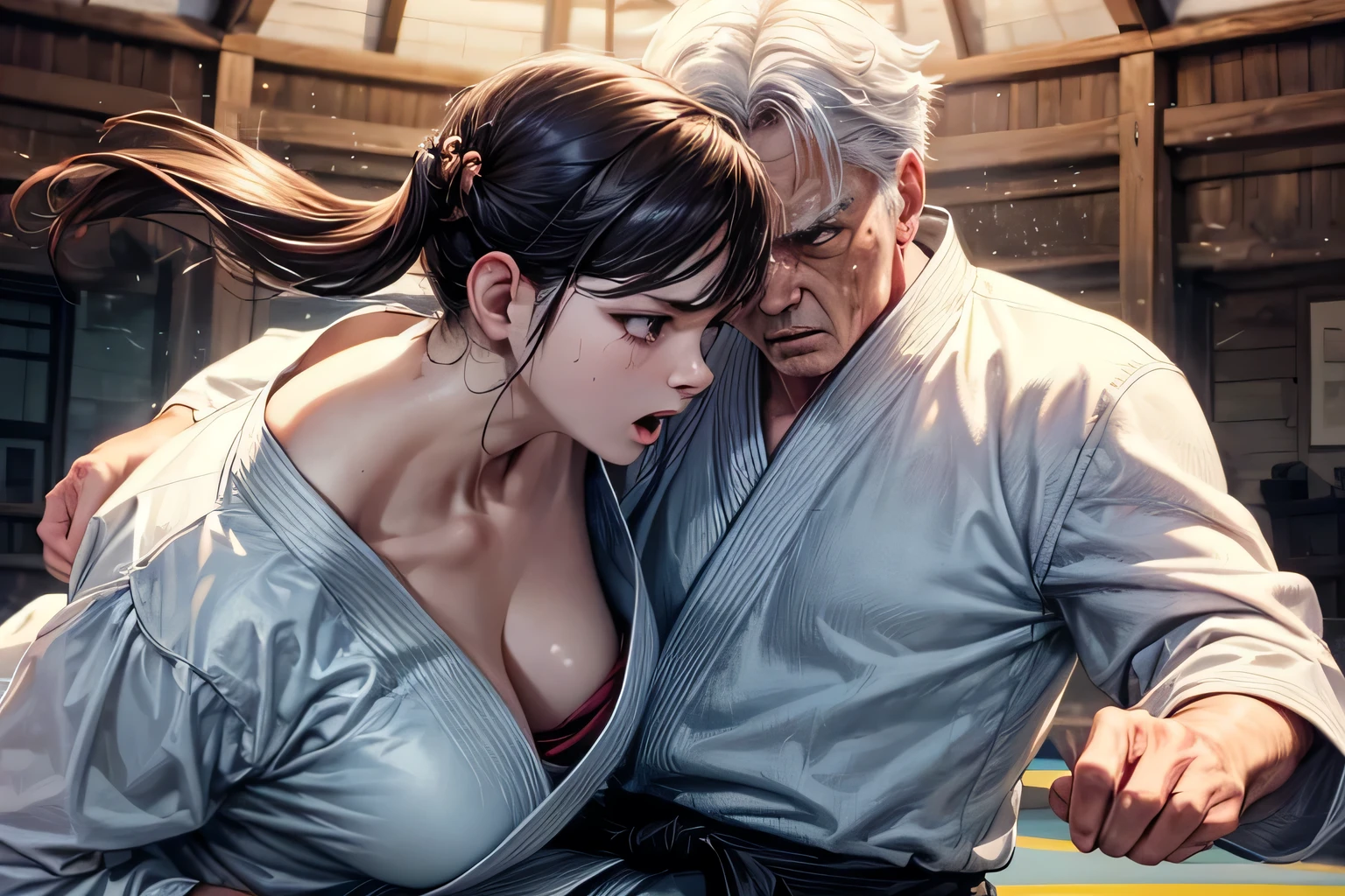 (((masterpiece))), (((best quality))), ((ultra-detailed)), (illustration), (an extremely delicate and beautiful),girl, judo match, fight, action pause, dojo, Anguished expression, pain, 