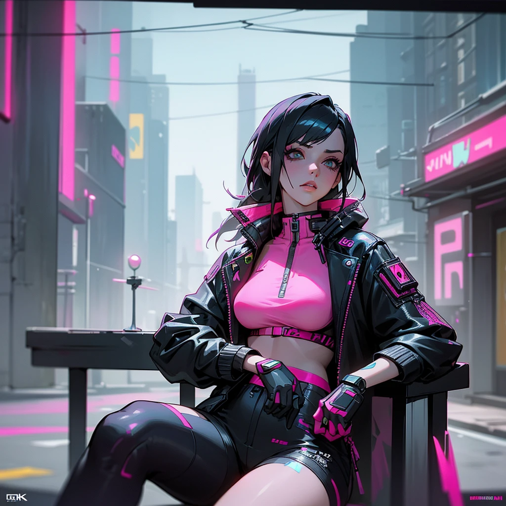 A woman in a pink bikini and a black jacket is sitting on the street, Cyberpunk art style, Cyberpunk 20. Model Girl, hyper-realistic Cyberpunk Style, Cyberpunk atmosphere, Cyberpunk Style , Surreal, Cyberpunk beautiful girl, Cyberpunk art ultrarealistic 8k, Cyberpunk Girl, Cyberpunk art, Cyberpunk Anime Girl, in Cyberpunk Style, cyberpunk judy alvarez