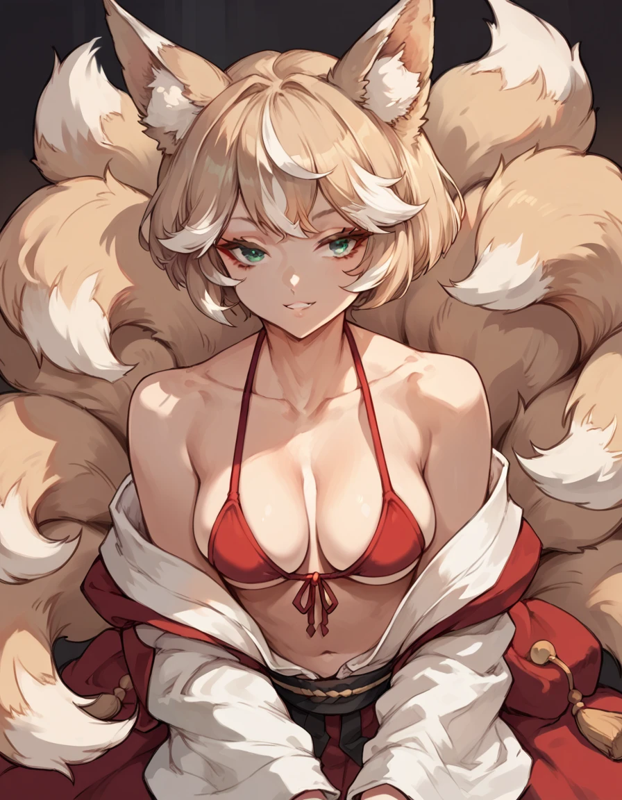 Solo, score_9,score_8_up,score_7_up, score_6_up, source_anime, a Kitsune woman, light skin, green eyes, canine teeth, short blonde hair, white tips on hair, Kitsune fox tails, multiple tails, 6 tails, light brown fox tails with white tips, light brown fox ears, wearing only red bikini, heart shaped bikini accessories, light brown hair, white highlights in hair
