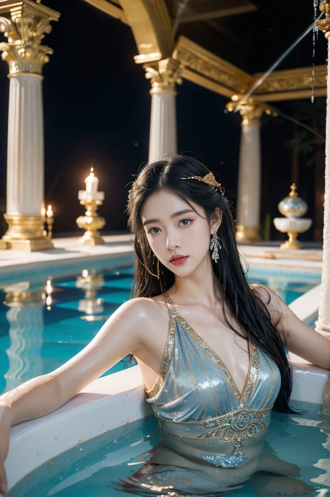 (((best quality))),(((ultra detailed))),(((masterpiece))),illustration,((1 beautiful young girl,solo)),(shoulder length straight hair:1.2),(((sweat,wet,shiny skin))),((slim,thin)),((small breasts,flat chest)),summer,(night scene:1.3),((Ancient Roman style,male public Bathhouse,opulent architecture)),(indoor:1.3),(delicate transparent dress:1.3),floating,(in bathing pool:1.3),almond-shaped eyes,mysterious allure,fair complexion,intricate patterns,embellishments,rich hues,deep blues,purples,shades of gold,silver,million tiny stars,mesmerizing twinkle,Marble columns,ornate statues,frescoes,perfumes,incense,indulgence,relaxation,magnificent centerpiece,mosaics,intricate patterns,candles,timeless realm,ancient Roman traditions,modern aesthetics,beauty,grace,embodiment,impression on viewer,(surrounded by crowded crowds of men:1.3),((from front,upper body))