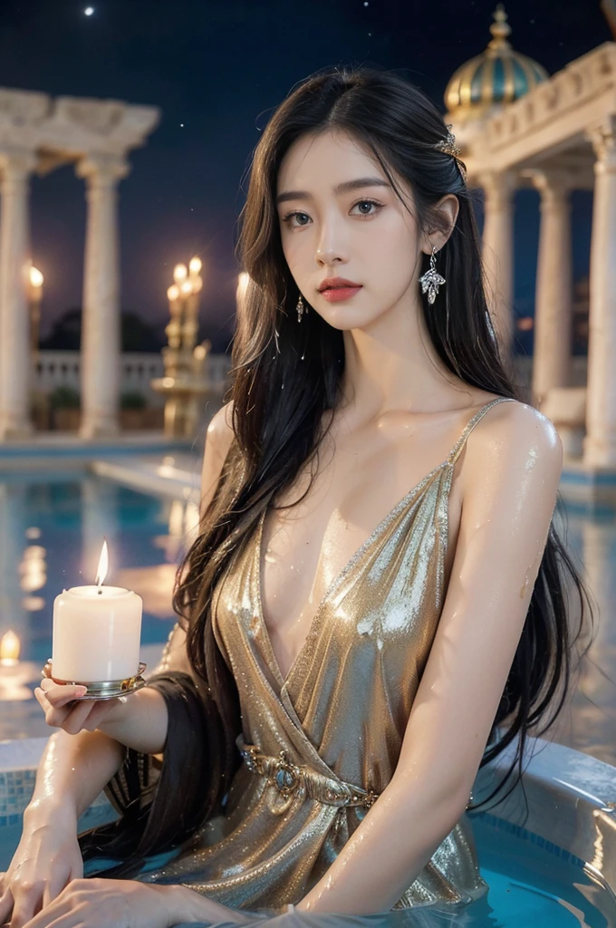 (((best quality))),(((ultra detailed))),(((masterpiece))),illustration,((1 beautiful young girl,solo)),(shoulder length straight hair:1.2),(((sweat,wet,shiny skin))),((slim,thin)),((small breasts,flat chest)),summer,(night scene:1.3),((Ancient Roman style,male public Bathhouse,opulent architecture)),(indoor:1.3),(delicate transparent dress:1.3),floating,(in bathing pool:1.3),almond-shaped eyes,mysterious allure,fair complexion,intricate patterns,embellishments,rich hues,deep blues,purples,shades of gold,silver,million tiny stars,mesmerizing twinkle,Marble columns,ornate statues,frescoes,perfumes,incense,indulgence,relaxation,magnificent centerpiece,mosaics,intricate patterns,candles,timeless realm,ancient Roman traditions,modern aesthetics,beauty,grace,embodiment,impression on viewer,(surrounded by crowded crowds of men:1.3),((from front,upper body))