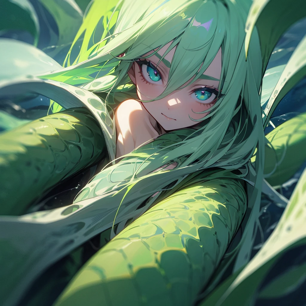 sea witch painting, Long Green Hair, evil, evil党, She is coming to you, Close-up, Dark Ocean,( In the water:1.1), lightning, Bright Eyes, Wearing a dress made of algae, Tentacles, octopus, (Close-up:1.3)