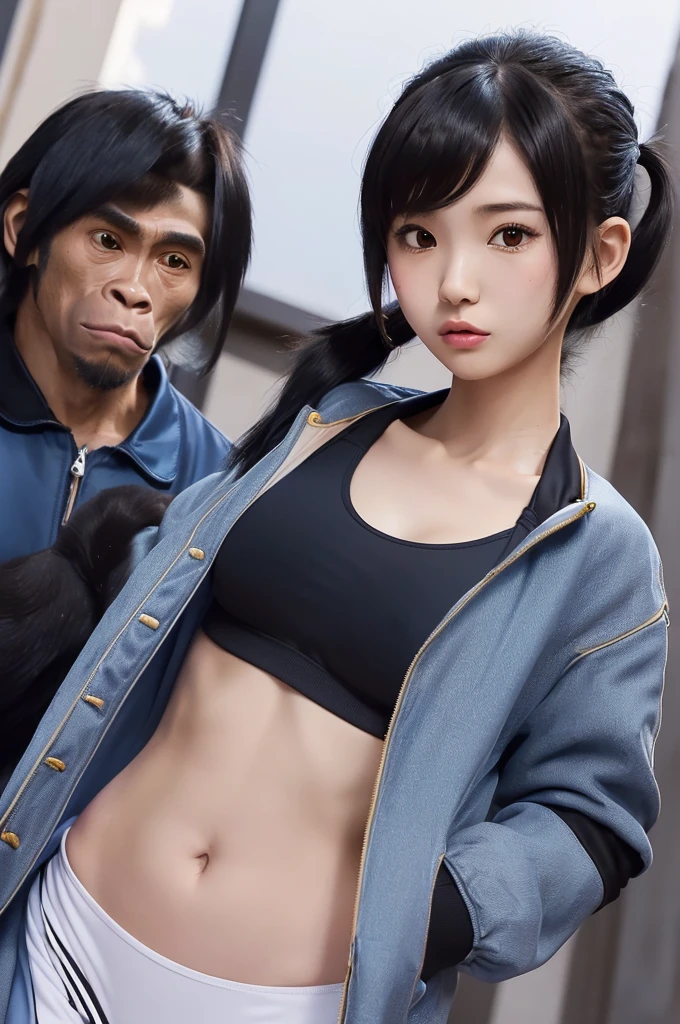 masterpiece, best quality,anime style, 1 girl,(((slender body))), (((small eyes,small breast))),((((1 gorilla man grabbing the girl)))),(((Jacket, Open your clothes, Open jacket, Blue jacket, Sports Bra, buruma))),((((cum)))), (beautiful face), (((short twintail))), (((straight hair))), ((((black hair)))),detailed beautiful skin, (perfect hands, perfect anatomy),scream