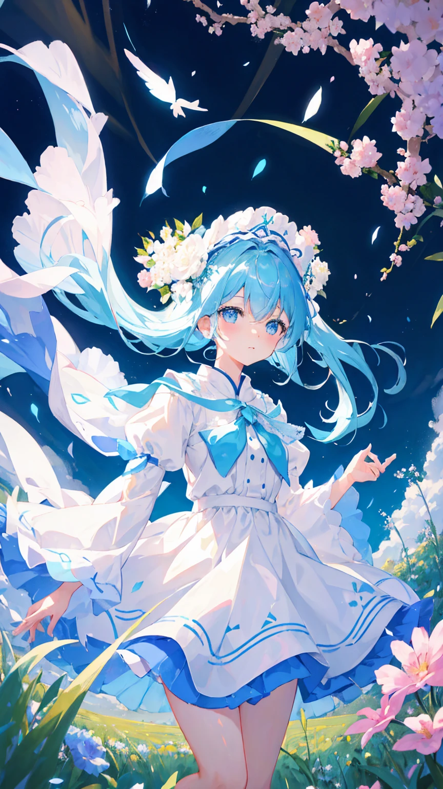 Anime Girl,light blue hair,White裙子,White,Flower headdress,Standing in the flower field,Popular topics on artstation pixiv, Digital Art on Pixiv, anime art wallpaper 8 k, Anime Art Wallpaper 4k, Anime Art Wallpaper 4K, Top rated on Pixiv, Beautiful anime artwork, Pixiv competition winner,(Multi-angle),lol