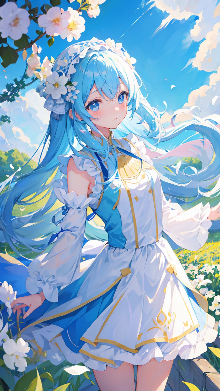 Anime Girl,light blue hair,White裙子,White,Flower headdress,Standing in the flower field,Popular topics on artstation pixiv, Digital Art on Pixiv, anime art wallpaper 8 k, Anime Art Wallpaper 4k, Anime Art Wallpaper 4K, Top rated on Pixiv, Beautiful anime artwork, Pixiv competition winner,(Multi-angle),lol