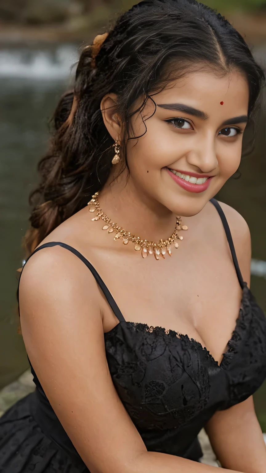 extreme close up photo of sexy indian, front view, curvy, swooping nued big breasts, deep cleavage, wet black transperent lace strapless dress, floating on river, waterfalls, birds, animals, elephant, French braid hair, necklace, subtle smile, seductive eyes, sultry