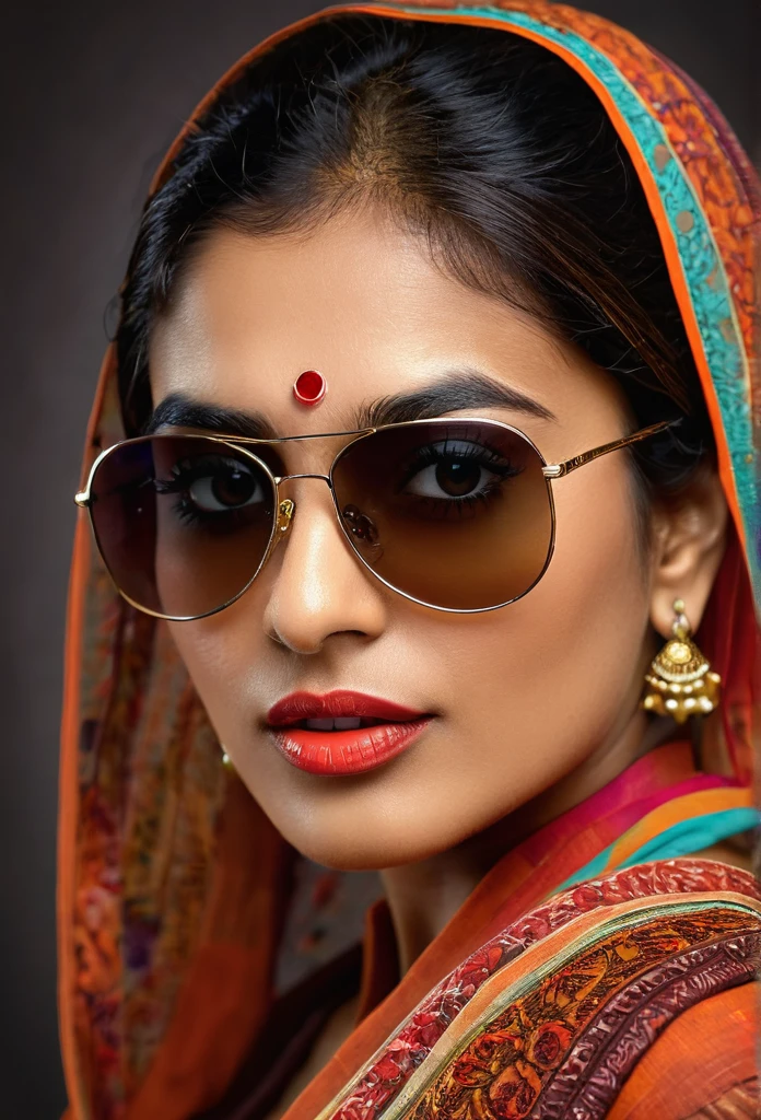 a beautiful indian woman wearing sunglasses, detailed portrait, sharp focus, high resolution, photorealistic, beautiful detailed eyes, beautiful detailed lips, extremely detailed face, longeyelashes, fresh and agile look, stylish outfit, dynamic pose, studio lighting, vivid colors, professional photography
