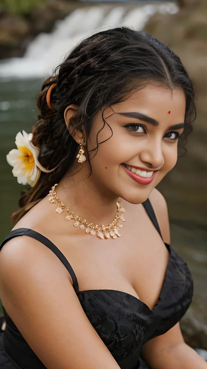 extreme close up photo of sexy indian, front view, curvy, swooping nued big breasts, deep cleavage, wet black transperent lace strapless dress, floating on river, waterfalls, birds, animals, elephant, French braid hair, necklace, subtle smile, seductive eyes, sultry