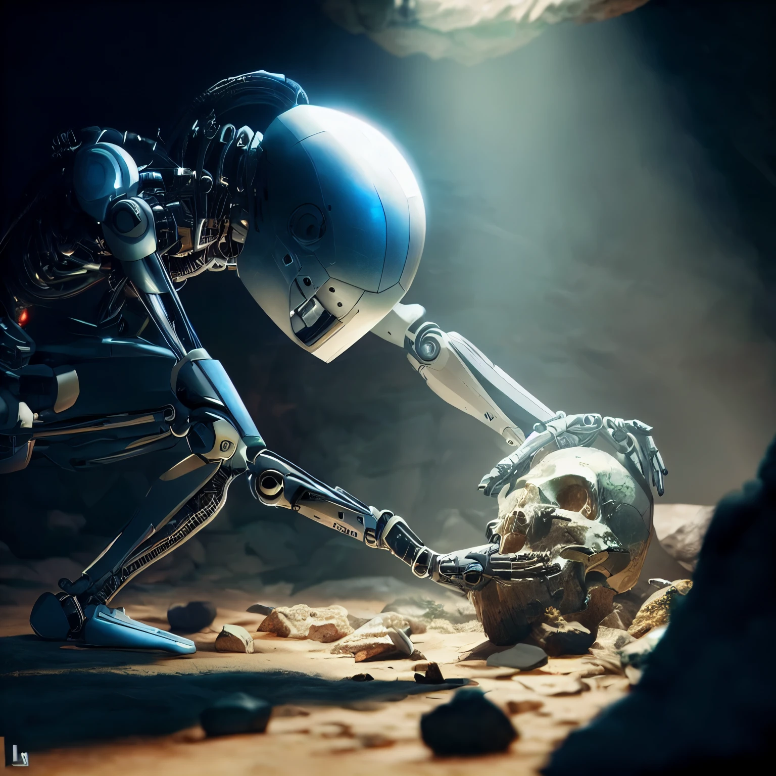 There is a futuristic cyborg robot with LEDs that is kneeling with a skull in a cave, robot, robot photography, 3D render digital art, digital art render, beautiful digital art, a still life of a robot, by Andrei Kolko tine, bionic sci-fi Alexandre Ferra, amazing digital art, Rolands Zilinskis 3D render art, Terminator skeleton, more dramatic