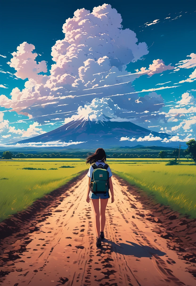 there is a woman walking down a dirt road with a backpack, anime style mixed with fujifilm, style of alena aenami, girl clouds, artistic. alena aenami, in style of makaoto shinkai, makoto shinkai cyril rolando, ilya kuvshinov landscape, in the distance, style of makoto shinkai, girl in the edge, beautiful landscape, scattered blue clouds