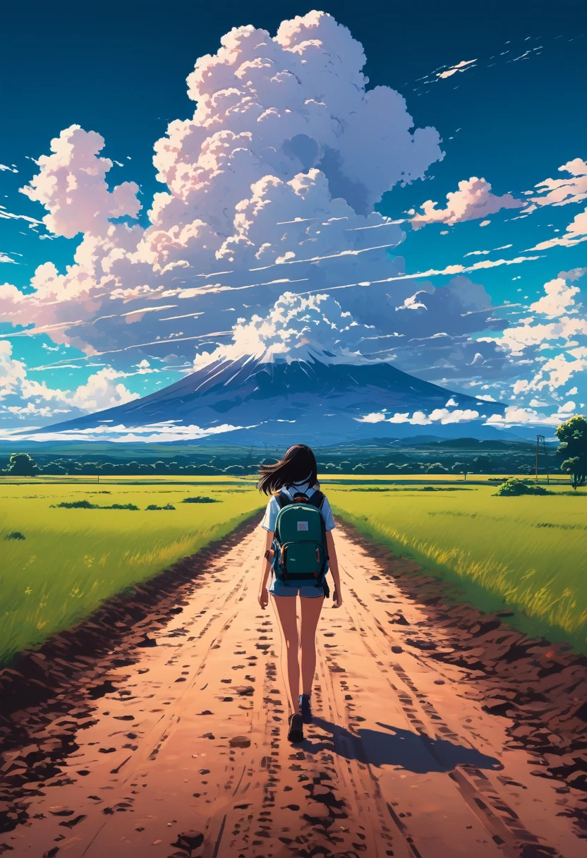 there is a woman walking down a dirt road with a backpack, anime style mixed with fujifilm, style of alena aenami, girl clouds, artistic. alena aenami, in style of makaoto shinkai, makoto shinkai cyril rolando, ilya kuvshinov landscape, in the distance, style of makoto shinkai, girl in the edge, beautiful landscape, scattered blue clouds