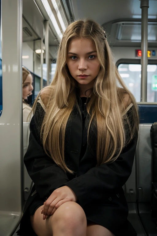 A photorealistic of a 21-year-old russian blond girl with long hair and striking dark eyes. She should have a natural, approachable expression and be illuminated by soft, in train