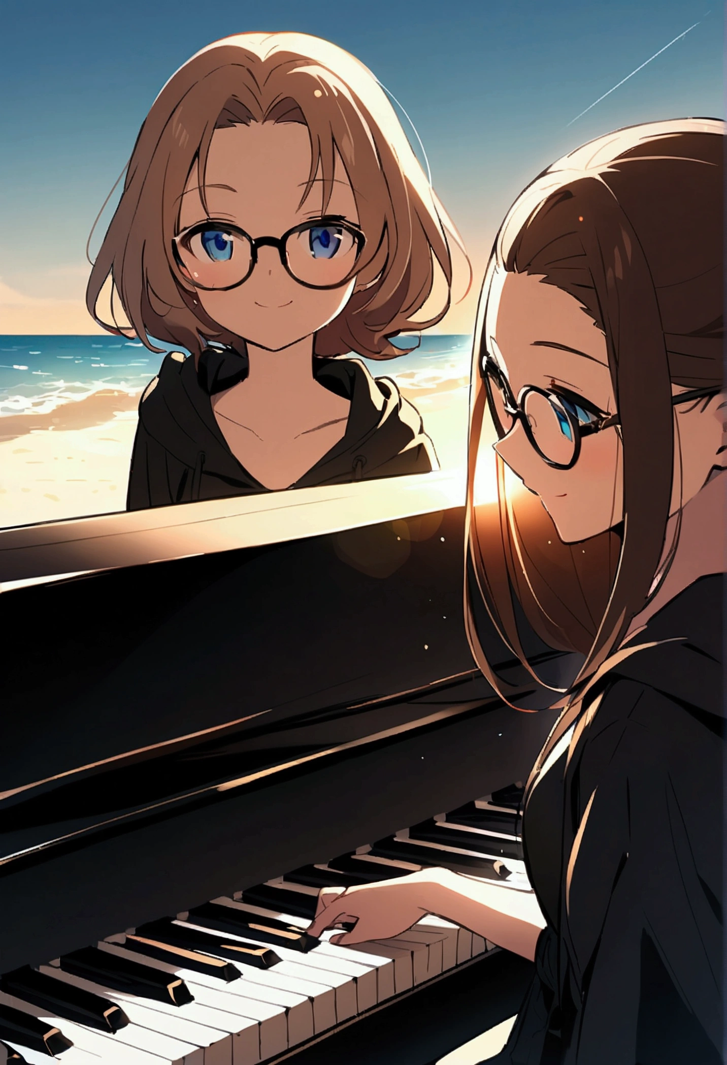 Alone, one person, anime woman (shoulder-length brown hair, blue eyes, black hoodie, jeans, dark-rimmed glasses, clear forehead, smiling) plays on a beautiful black piano. Summer. Sun ist shining. Ocean in the background.