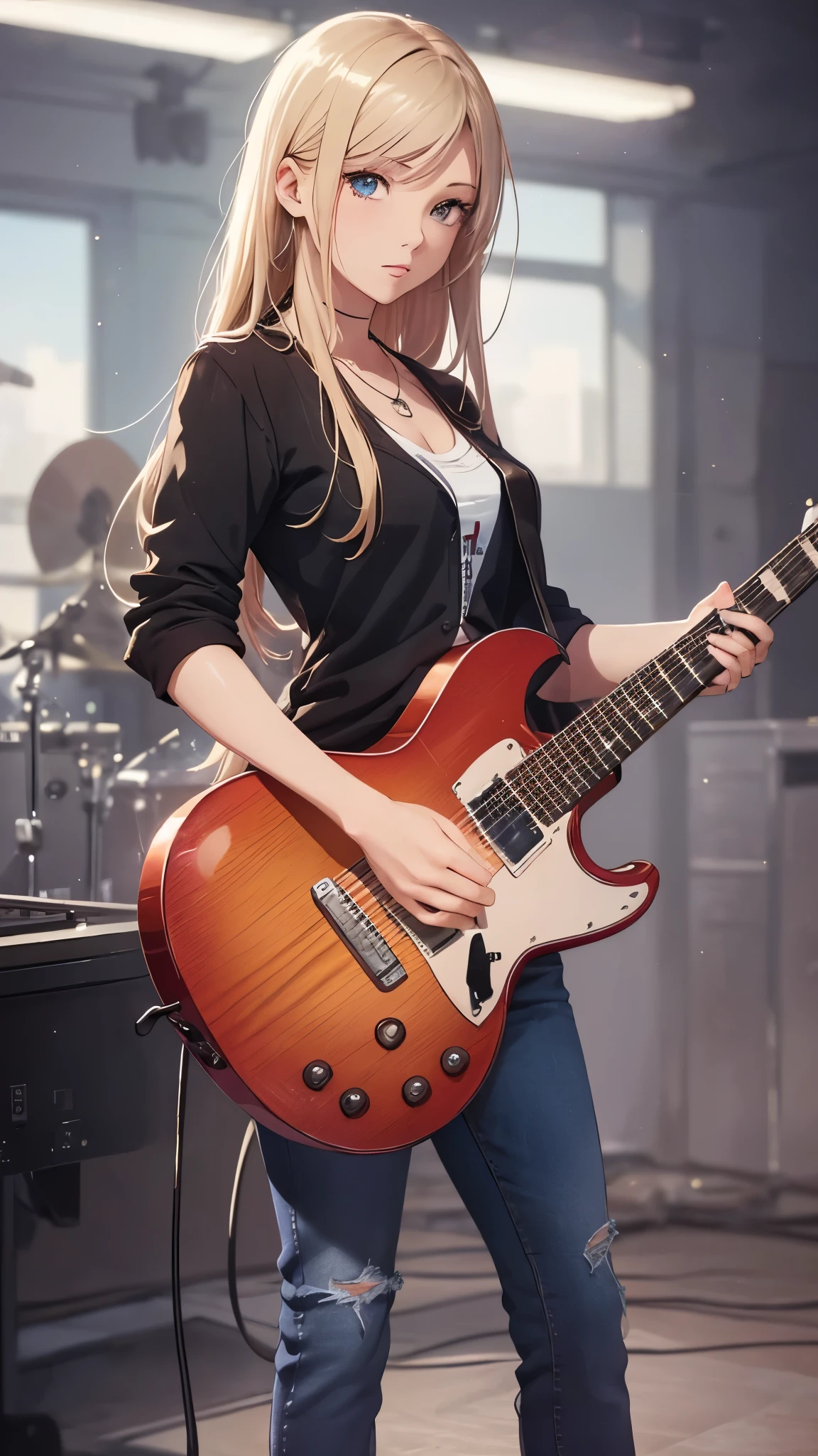 (highest quality,4K,8K,High resolution,table top:1.2), Super detailed, (realistic,photorealistic,photo-realistic:1.37), ((full body)),rage, Unfortunate,((blonde hair)), ((long hair)),black camisole, damaged denim jeans,necklace,((playing-the-guitar)),((sing-a-song)),beautiful and detailed eyes, beautiful detailed lips, highly detailed eyes and face, long eyelashes, realistic anime 3D style, Smooth anime CG art, Digital rendering by Makoto Shinkai, Moe anime art style, photorealistic rendering of an anime girl, Shinkai Makoto style, Cute anime girl visuals, realistic young anime girl, girl fan art, Created by Anime Artist'studio of.