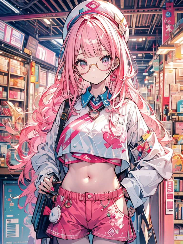 Glasses girl, book, cute, belly button exposed, pink hair with white mesh, small hat, clothes mainly in red