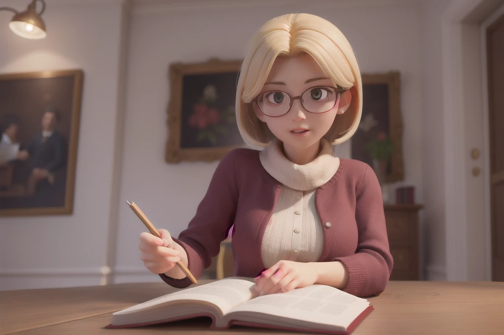 masterpiece, high quality best quality, a beautiful british woman studying, cozy, 3d, unreal engine