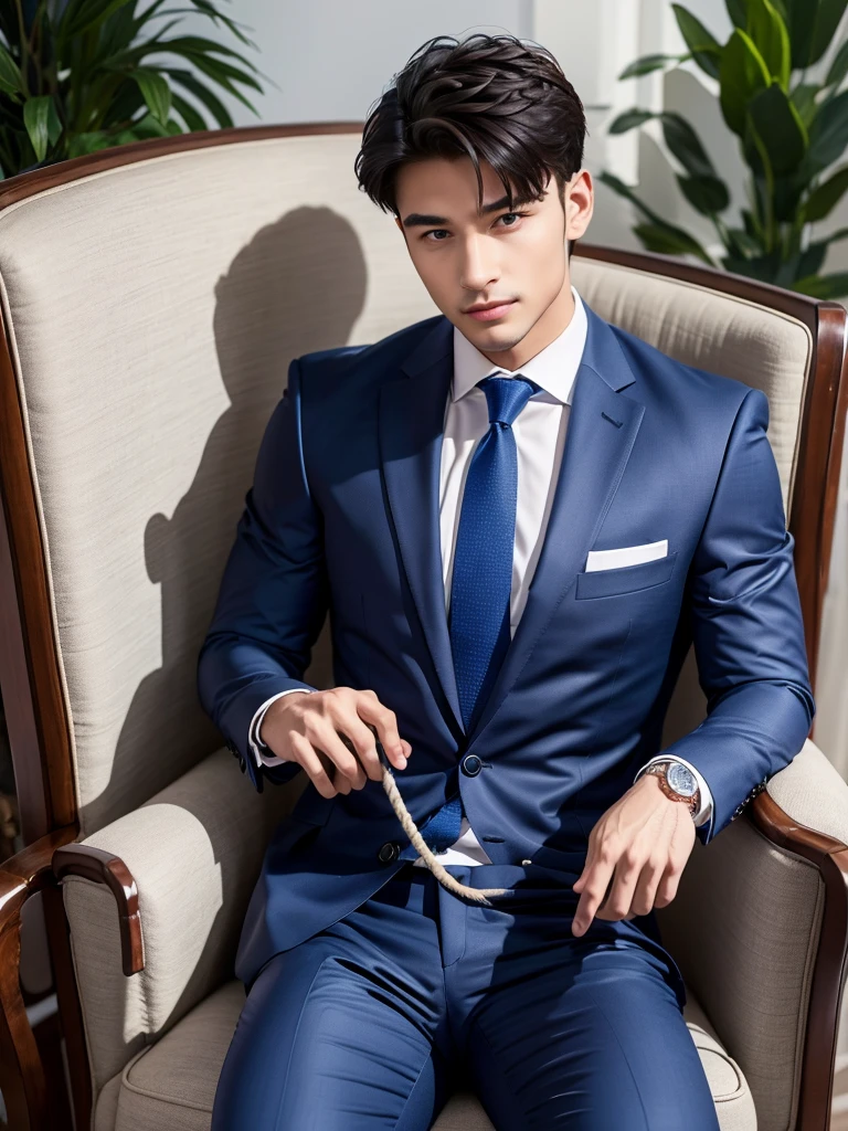 Tied with a rope,on the chair,Handsome guy in formal suit