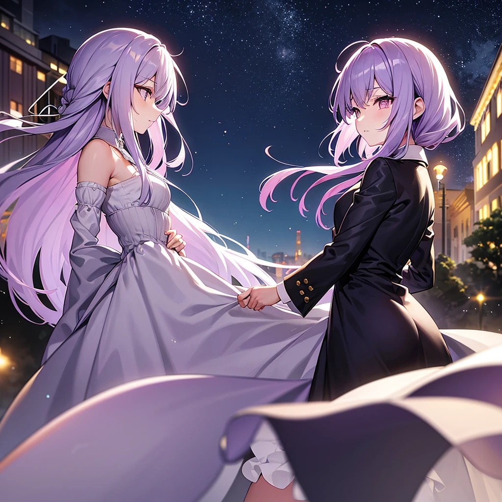 Light purple hair、Yellow Eyeedium Hair、Beautiful、One Girl、Only one girl、Night、Wearing a black suit、Are standing、profile、Looking into the distance、Just One、at the park、Face is close