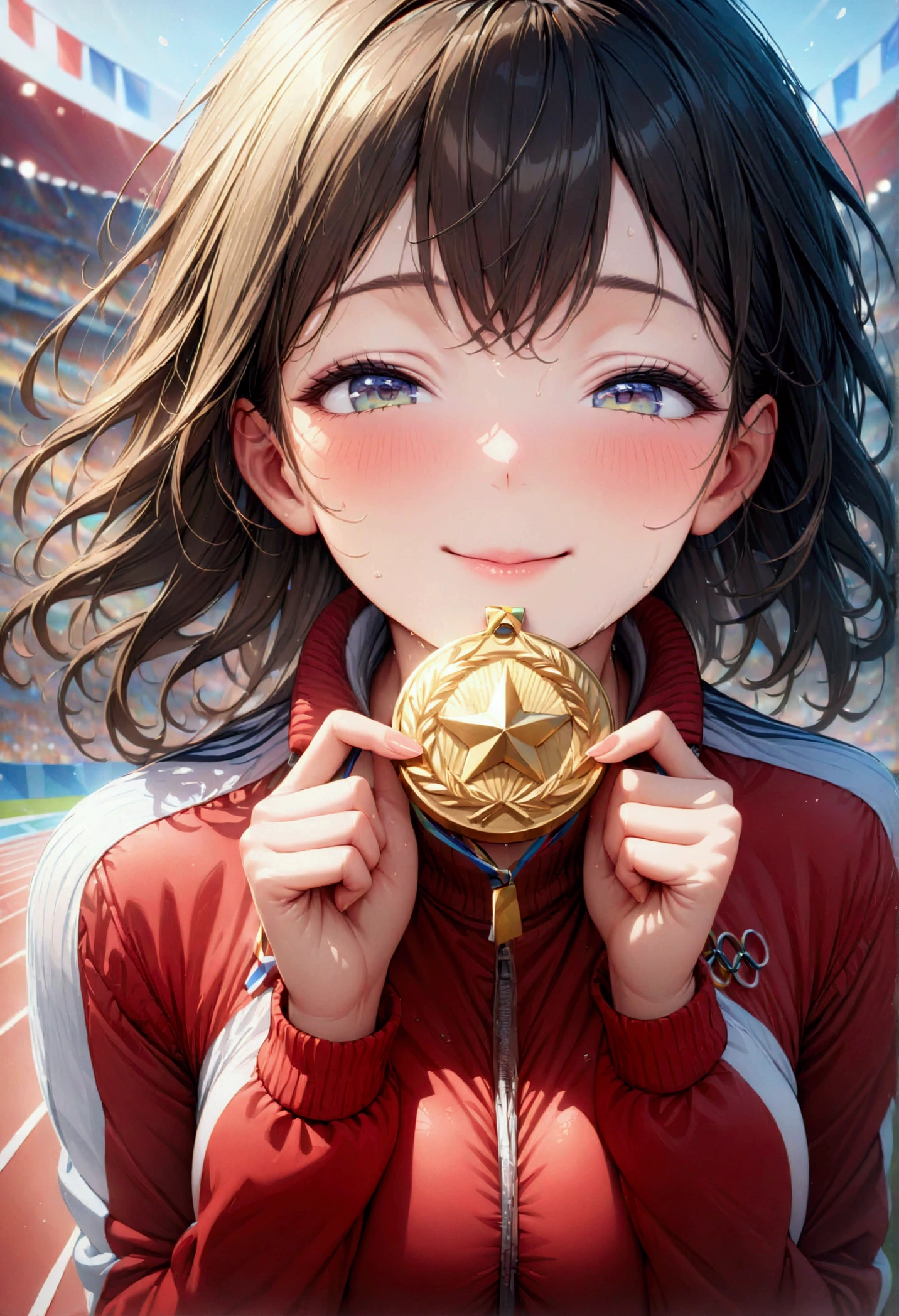 awards ceremony, kissing the gold medal, happy, (masterpiece:1.2), best quality, high quality, (hyper detailed), 4K, high resolution, extremely detailed CG, Olympic, athlete, track suit, upper body,