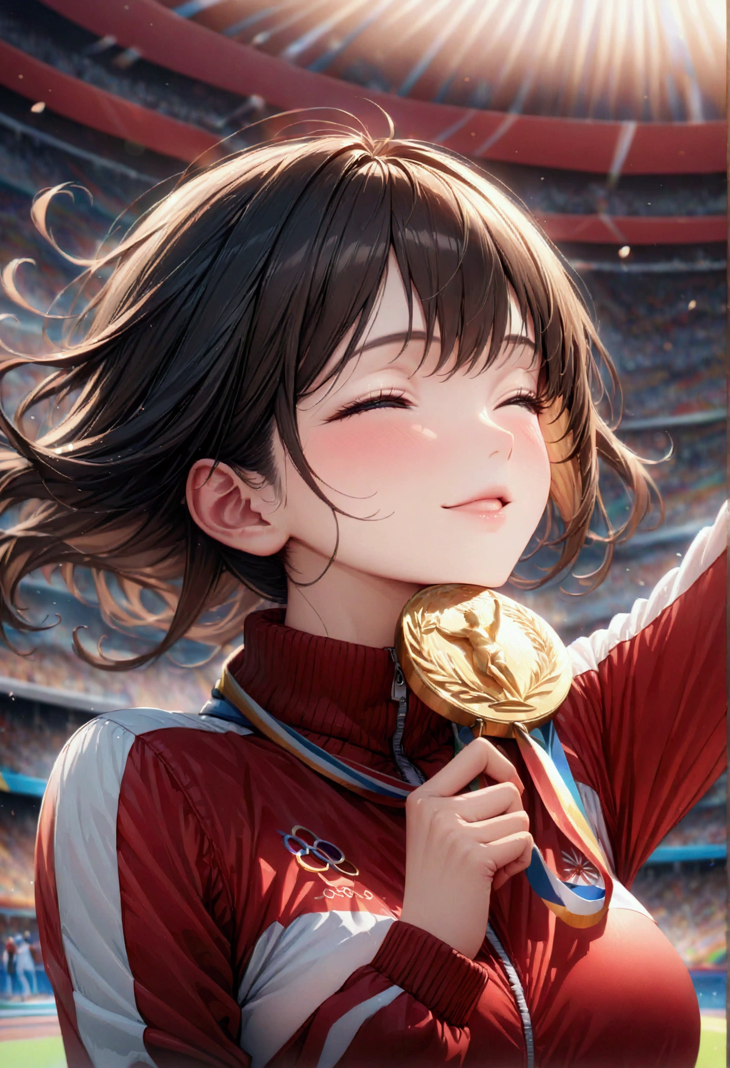 awards ceremony, kissing the gold medal, happy, (masterpiece:1.2), best quality, high quality, (hyper detailed), 4K, high resolution, extremely detailed CG, Olympic, athlete, track suit, upper body,