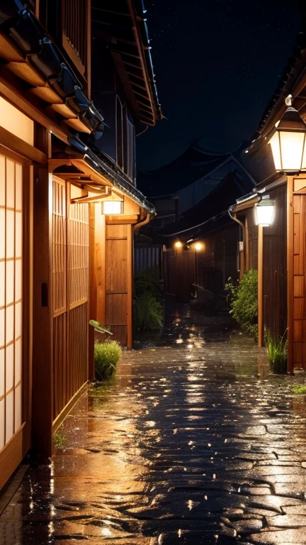 Depicting a rainy night in a Japanese village. The rain falls relentlessly, Create a liquid veil that surrounds all elements of the scene. Drops dance in the air, Create a liquid symphony that resonates across the landscape. The dim light of the lantern is refracted by the raindrops, Creates magical glow points to illuminate the darkness. Village streets turn into liquid mirrors, Reflecting softness, Blurred colors of sticky wooden house. With each careful stroke of the brush、The texture of raindrops can be captured, Conveying a sense of moisture and freshness. The atmosphere is full of melancholy and introspection, It invites the viewer to immerse themselves in the sad and serene beauty of night rain.. The umbrella is falling