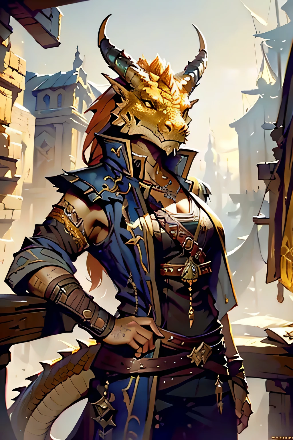 brass dragonborn, female, horns, pirate, solo portrait, scales, tail, buff, clothes, ((masterpiece, best quality)), art by greg rutkowski