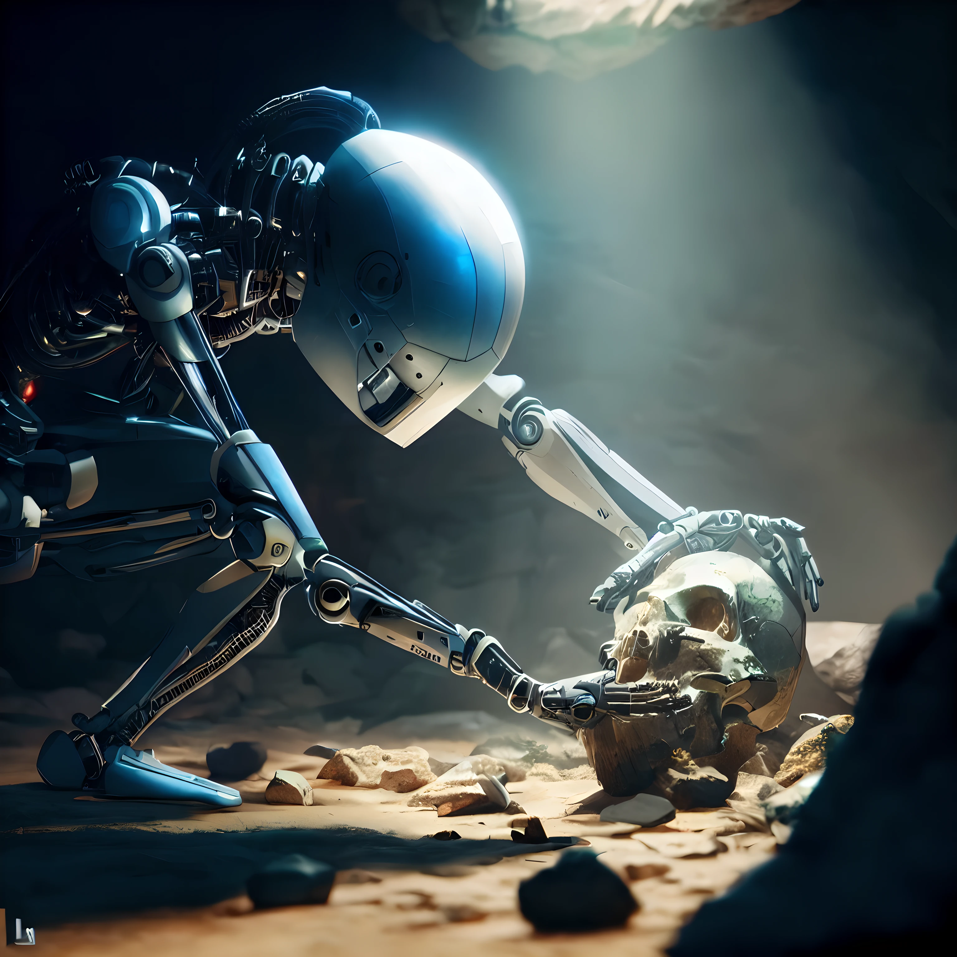 There is a futuristic cyborg robot with LEDs that is kneeling with a skull in a cave, robot, robot photography, 3D render digital art, digital art render, beautiful digital art, a still life of a robot, by Andrei Kolko tine, bionic sci-fi Alexandre Ferra, amazing digital art, Rolands Zilinskis 3D render art, Terminator skeleton, more dramatic