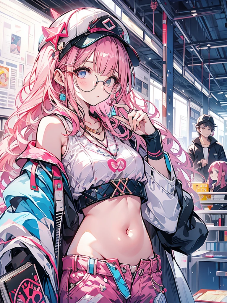 Glasses girl, book, cute, belly button exposed, pink hair with white mesh, small hat, clothes mainly in red