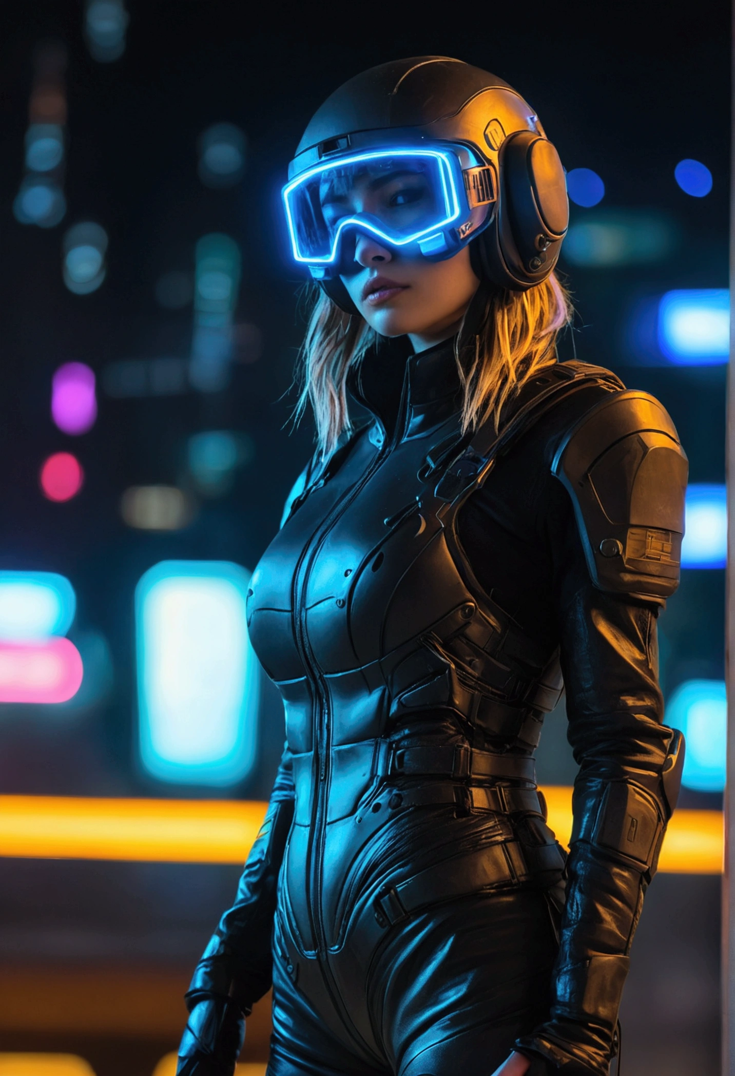 (good structure),high dynamic range,ultra high definition,8k,1 girl,blurred background,cyberpunk protective clothing,cyberpunk protective helmet,Glowing helmet,Neon lamp,neon color,oblique body,night,Mask screen reflections,depth of field,Upper body,cyberpunk,ground vehicle,lamp,neon lamp,pilot suit,alone