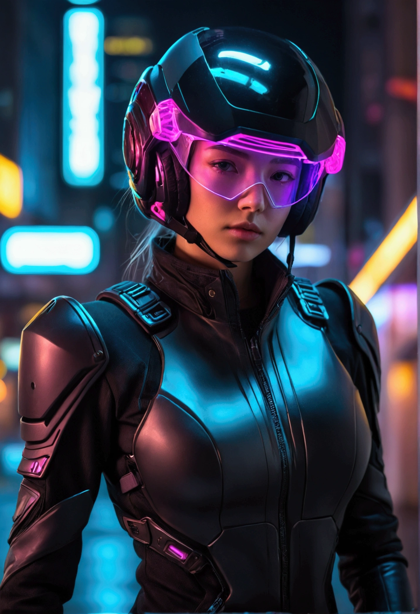 (good structure),high dynamic range,ultra high definition,8k,1 girl,blurred background,cyberpunk protective clothing,cyberpunk protective helmet,Glowing helmet,Neon lamp,neon color,oblique body,night,Mask screen reflections,depth of field,Upper body,cyberpunk,ground vehicle,lamp,neon lamp,pilot suit,alone