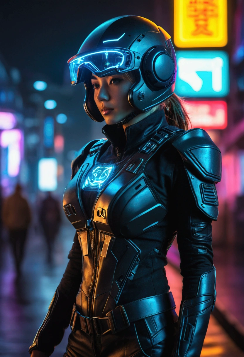(good structure),high dynamic range,ultra high definition,8k,1 girl,blurred background,cyberpunk protective clothing,cyberpunk protective helmet,Glowing helmet,Neon lamp,neon color,oblique body,night,Mask screen reflections,depth of field,Upper body,cyberpunk,ground vehicle,lamp,neon lamp,pilot suit,alone