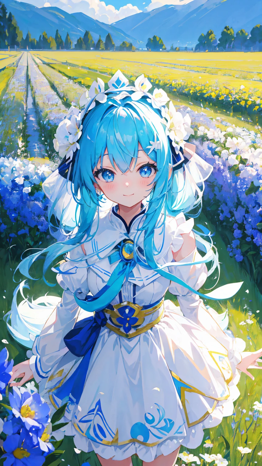 Anime Girl,light blue hair,White裙子,White,Flower headdress,Standing in the flower field,Popular topics on artstation pixiv, Digital Art on Pixiv, anime art wallpaper 8 k, Anime Art Wallpaper 4k, Anime Art Wallpaper 4K, Top rated on Pixiv, Beautiful anime artwork, Pixiv competition winner,(Multi-angle),Squinting smile,Wink