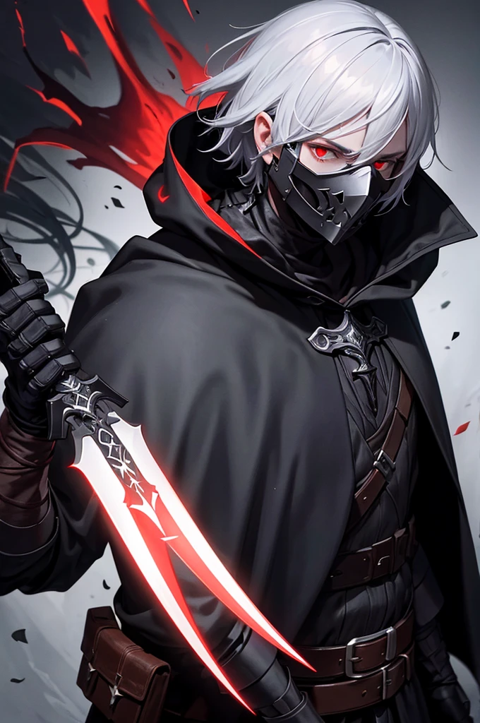 "An assassin, male, fantasy character, physically strong, wearing a skull mask covering his face and eyes, dressed in black medieval attire, with a white hooded cloak over it, gray hair, short hair, red eyes, holding a dagger, nighttime background."