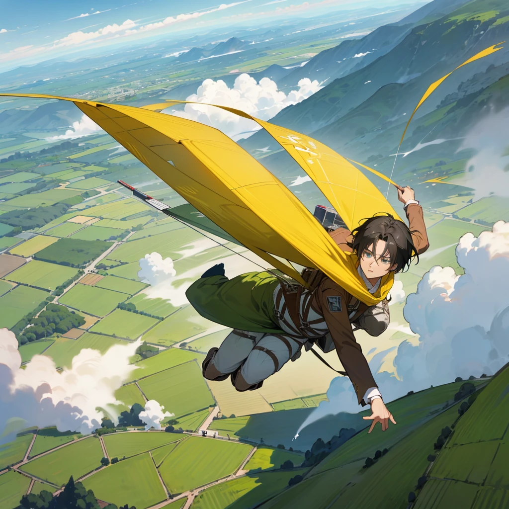 Levi Ackermann (from Attack on Titan) is flying in a lush and beautifull landscape using a paraglider, happy scene