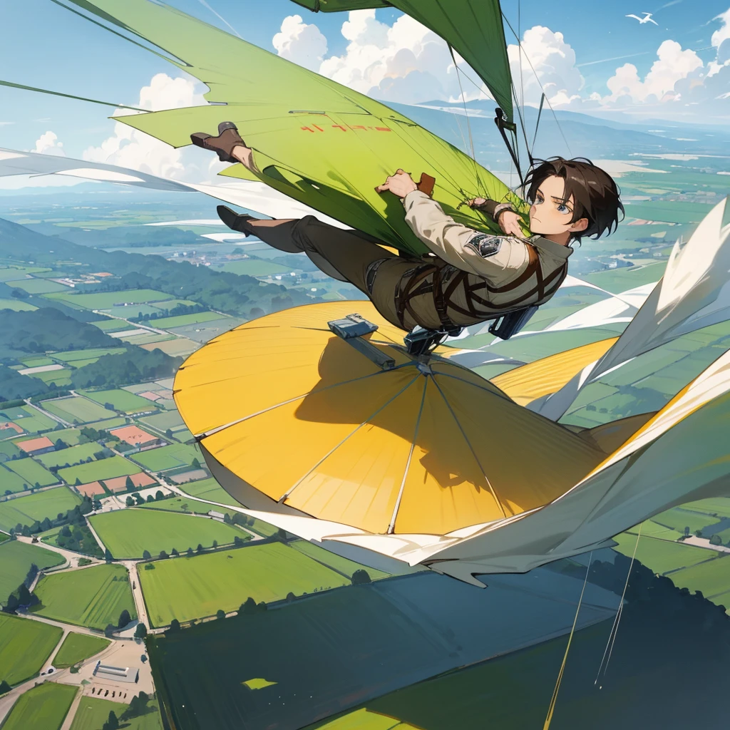 Levi Ackermann (from Attack on Titan) is flying in a lush and beautifull landscape using a paraglider, happy scene