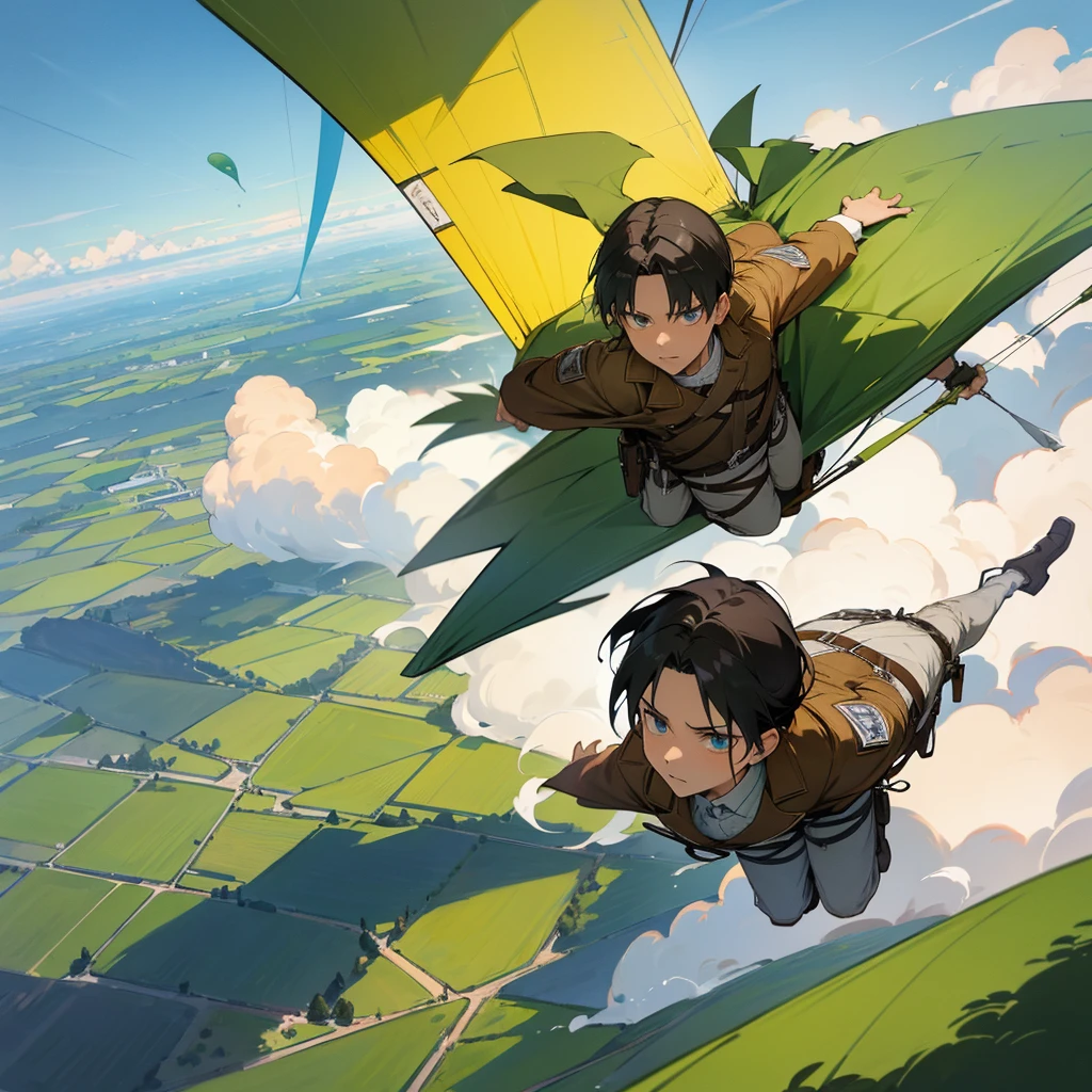 Levi Ackermann (from Attack on Titan) is flying in a lush and beautifull landscape using a paraglider, happy scene