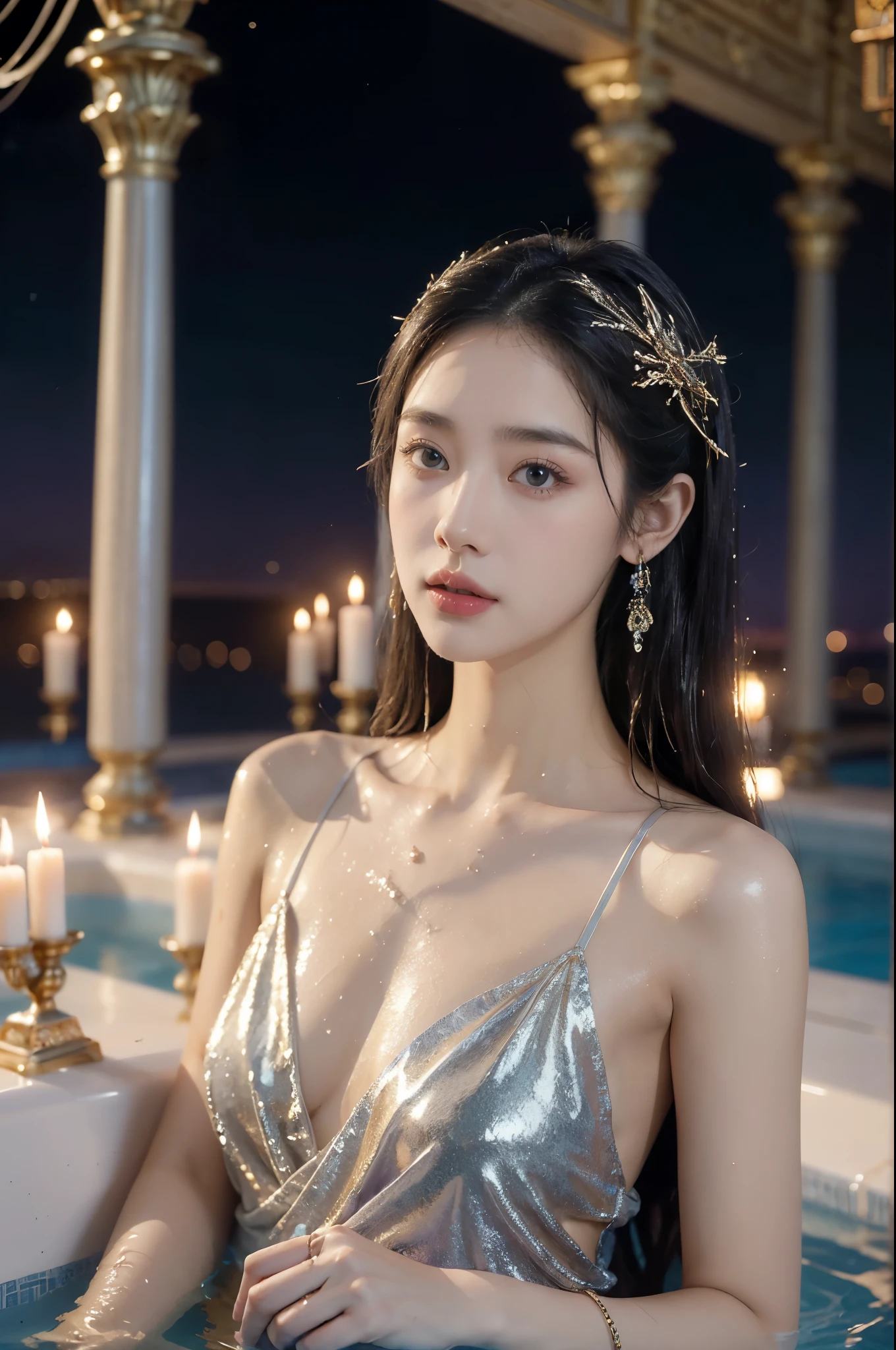 (((best quality))),(((ultra detailed))),(((masterpiece))),illustration,((1 beautiful young girl,solo)),(shoulder length straight hair:1.2),(((sweat,wet,shiny skin))),((slim,thin)),((small breasts,flat chest)),summer,(night scene:1.3),((Ancient Roman style,male public Bathhouse,opulent architecture)),(indoor:1.3),(delicate transparent dress:1.3),floating,(in bathing pool:1.3),almond-shaped eyes,mysterious allure,fair complexion,intricate patterns,embellishments,rich hues,deep blues,purples,shades of gold,silver,million tiny stars,mesmerizing twinkle,Marble columns,ornate statues,frescoes,perfumes,incense,indulgence,relaxation,magnificent centerpiece,mosaics,intricate patterns,candles,timeless realm,ancient Roman traditions,modern aesthetics,beauty,grace,embodiment,impression on viewer,(surrounded by crowded crowds of men:1.3),((from front,upper body))