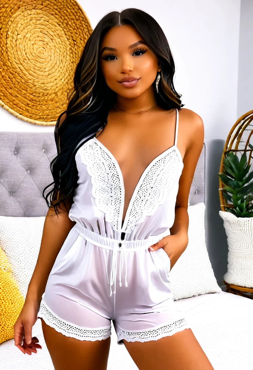 ((Best resolution)), ((high quality:1.2)), 8k, extremely detailed, ((High detail:1.2)), Solo, Angolan female with 24 years old, (romper), (beautiful perfect face:1.23),